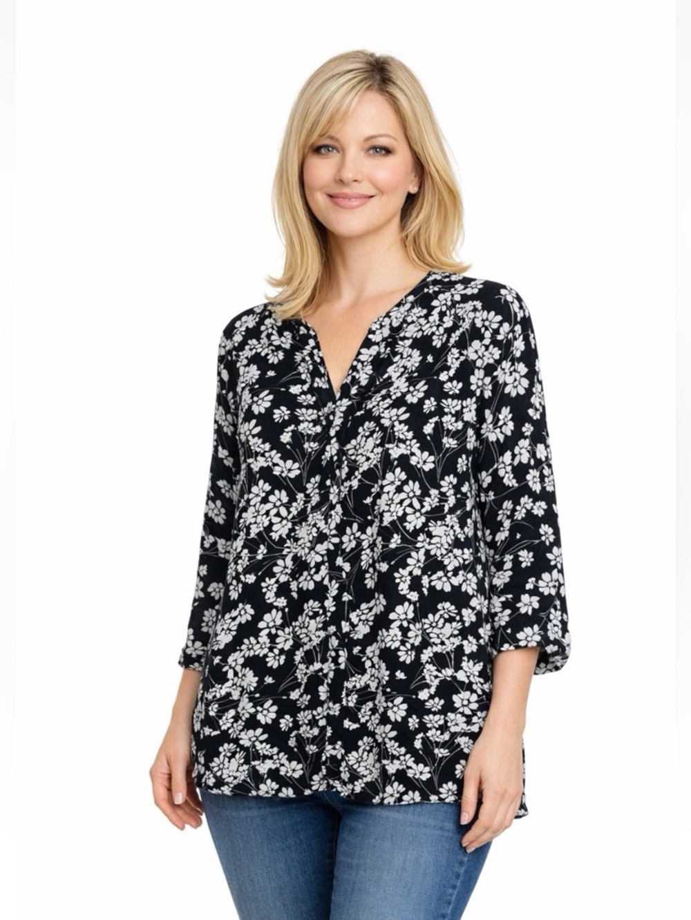 NYDJ Stefania Pintuck Blouse Top Floral Black White Women's Size 3X NWT